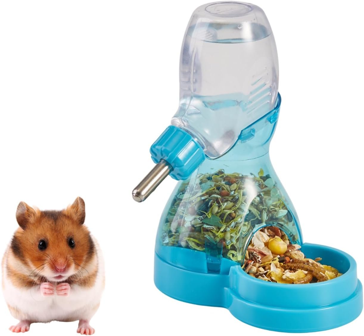 2 in 1 Hamster Water Bottle No Drip with Large Capacity Automatic Food Dispenser Small Animal Feeder for Syrian Dwarf Hamster Mouse Rat Degu (Blue, 3oz)