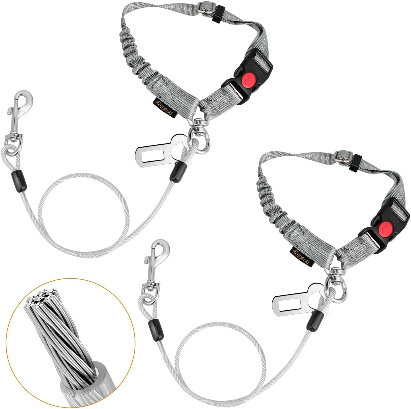 Chew Proof Dog Car Seat Belt, 2 in 1 Steel Cable Dog Car Accessories Headrest Restraint for Medium Large Dogs Chewer Heavy Duty Dog Seatbelts for Cars Swivel Attach