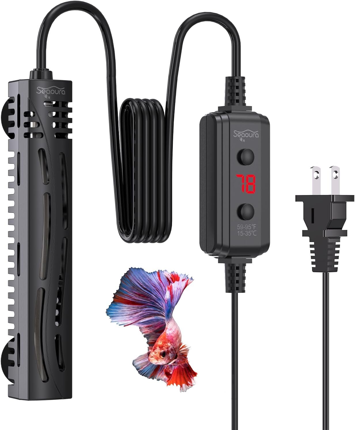 SEAOURA Submersible Fish Tank Heater, 75W Aquarium Heaters for 7-20 Gallon, Adjustable Turtle Tank Heater with Digital Temperature Display, Suitable for Freshwater and Saltwater Tank