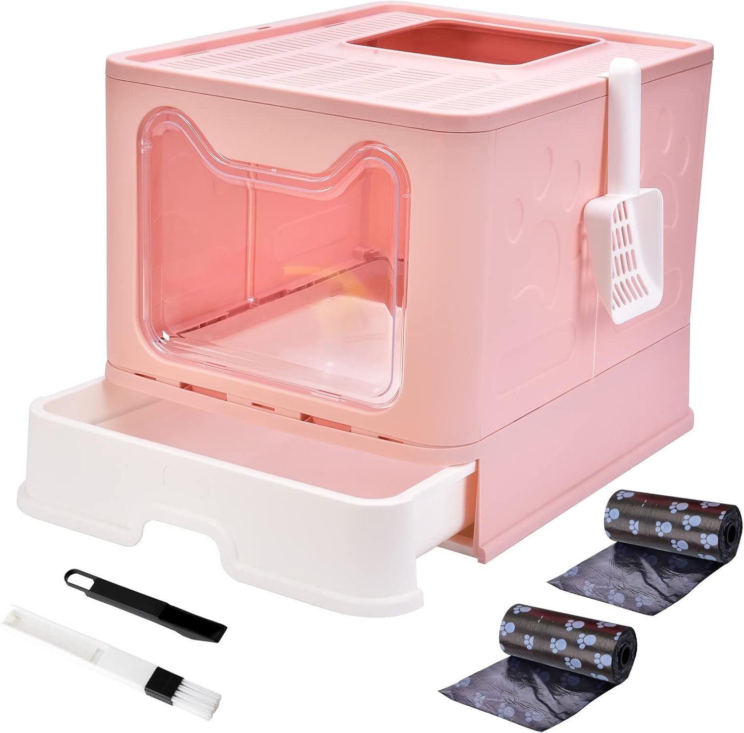 Foldable Litter Box With Lid, Large Top Entry Cat Toilet, Enclosed Potty Include Litter Scoop, Drawer Type Easy Clean Pan (Pink, 20″ L x 16″ W x 15″ H)