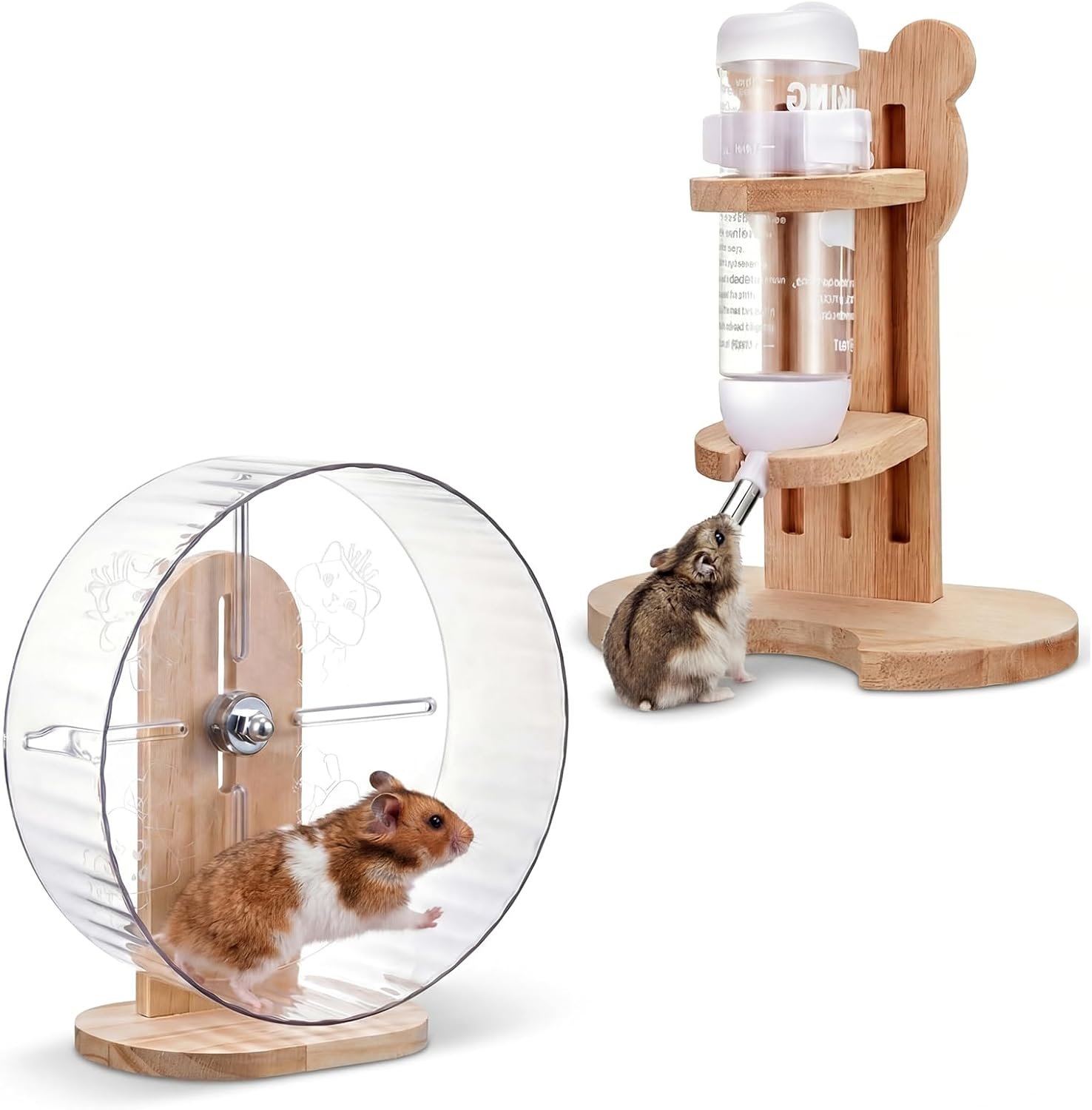 Silent Transparent Hamster Wheel with Cork Lining, 9.5 Inch Quiet Exercise Wheel for Dwarf Syrian Hamsters, Gerbils, Stable Small Animal Spinner Cage Accessories with Water Bottle Stand(M)