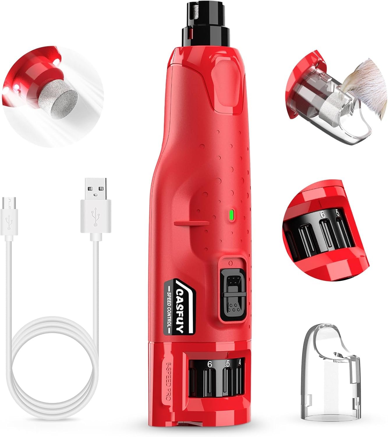 Casfuy Dog Nail Grinder Quiet – (45db) 6-Speed Pet Nail Grinder with 2 LED Lights for Large Medium Small Dogs/Cats, Professional 3 Ports Rechargeable Electric Dog Nail Trimmer with Dust Cap(Red)