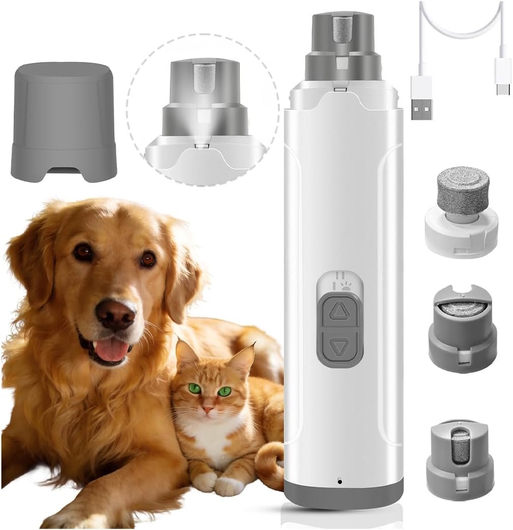 Dog Nail Grinders, Electric Rechargeable Pet Nail Trimmer Low Noise with LED Light 2-Speed Mode for Large Medium Small Dogs & Cats