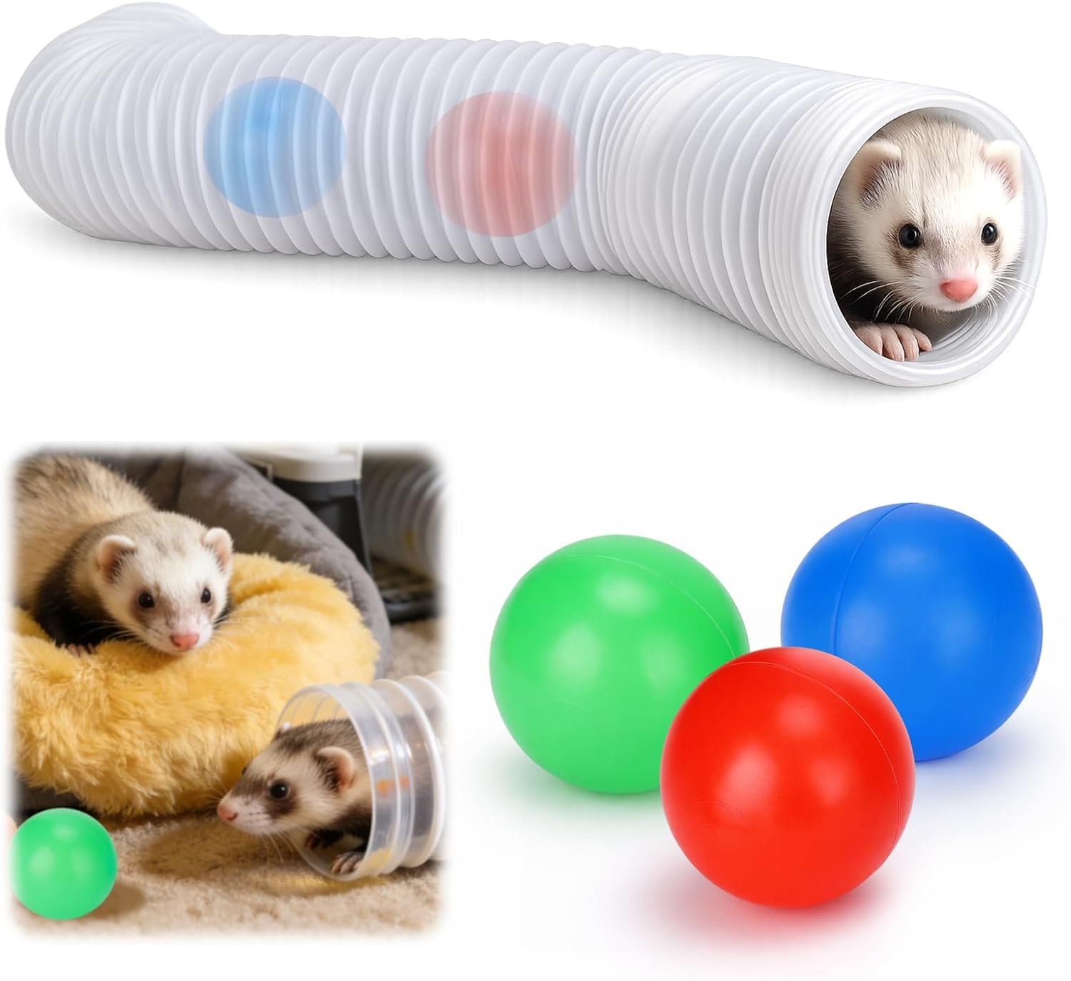 Mity rain Ferret Toys with 3 Balls Inclueded, Lightweight Collapsible Tunnel Tube Accessories for Ferrets, Guinea Pigs, Hamsters, Expandable Interactive Toys Supplies for Small Pets