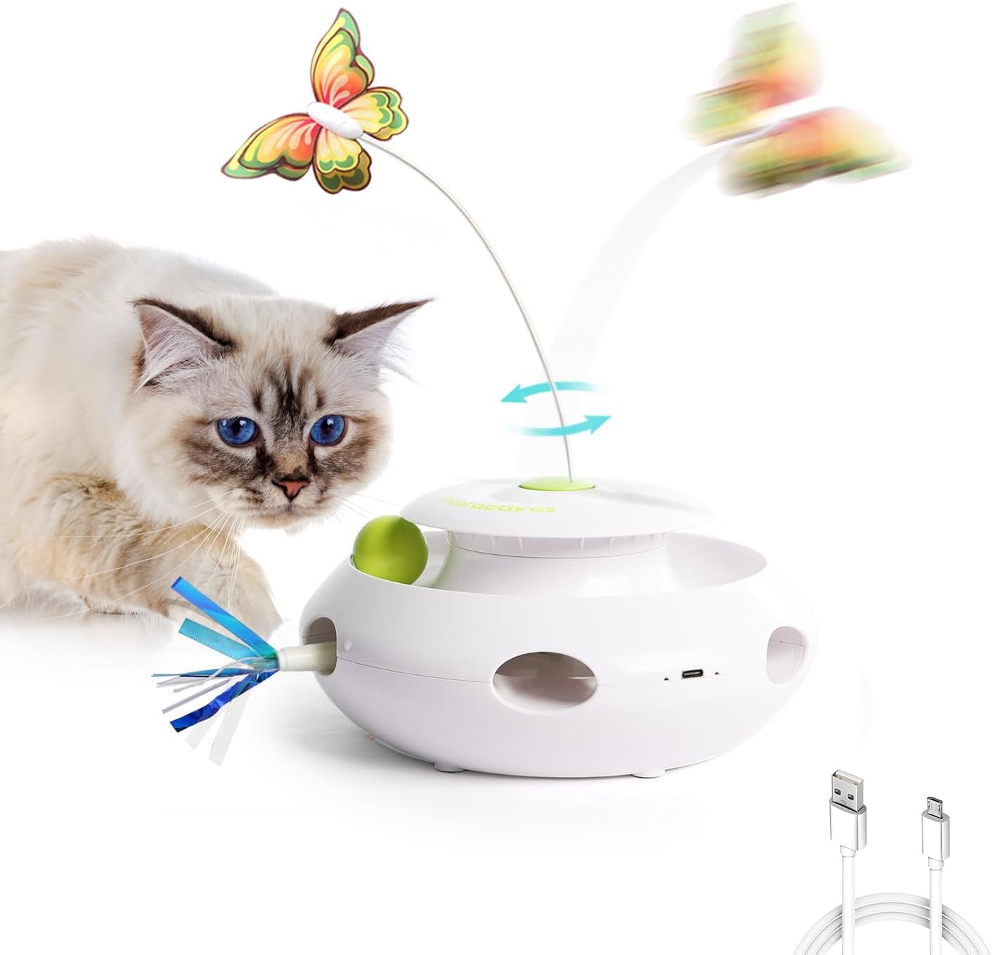 ALL FOR PAWS 3 in 1 Interactive Butterfly Flutter Cat Toy with Rolling Balls, Automatic Kitten Spinner Toys, Popping Feather Toy, Mental Stimulation for Indoor Cats, USB Rechargeable