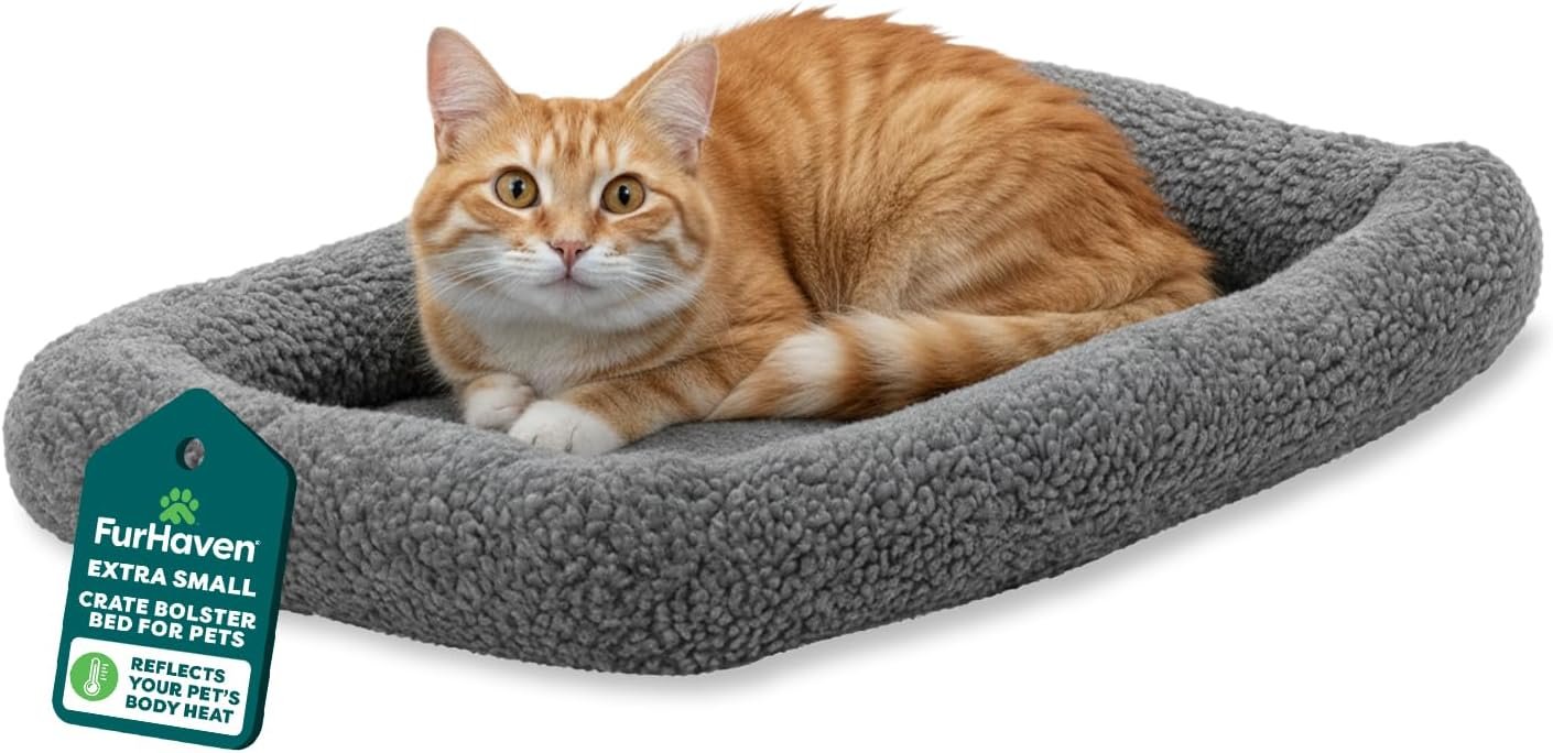 FurHaven Dog Bed for Extra Small Dogs & Cats, Bolster Crate Pad with Soft Supportive Base for Carriers & Kennels, Machine Washable, Extra Small, Sherpa Fleece, Gray