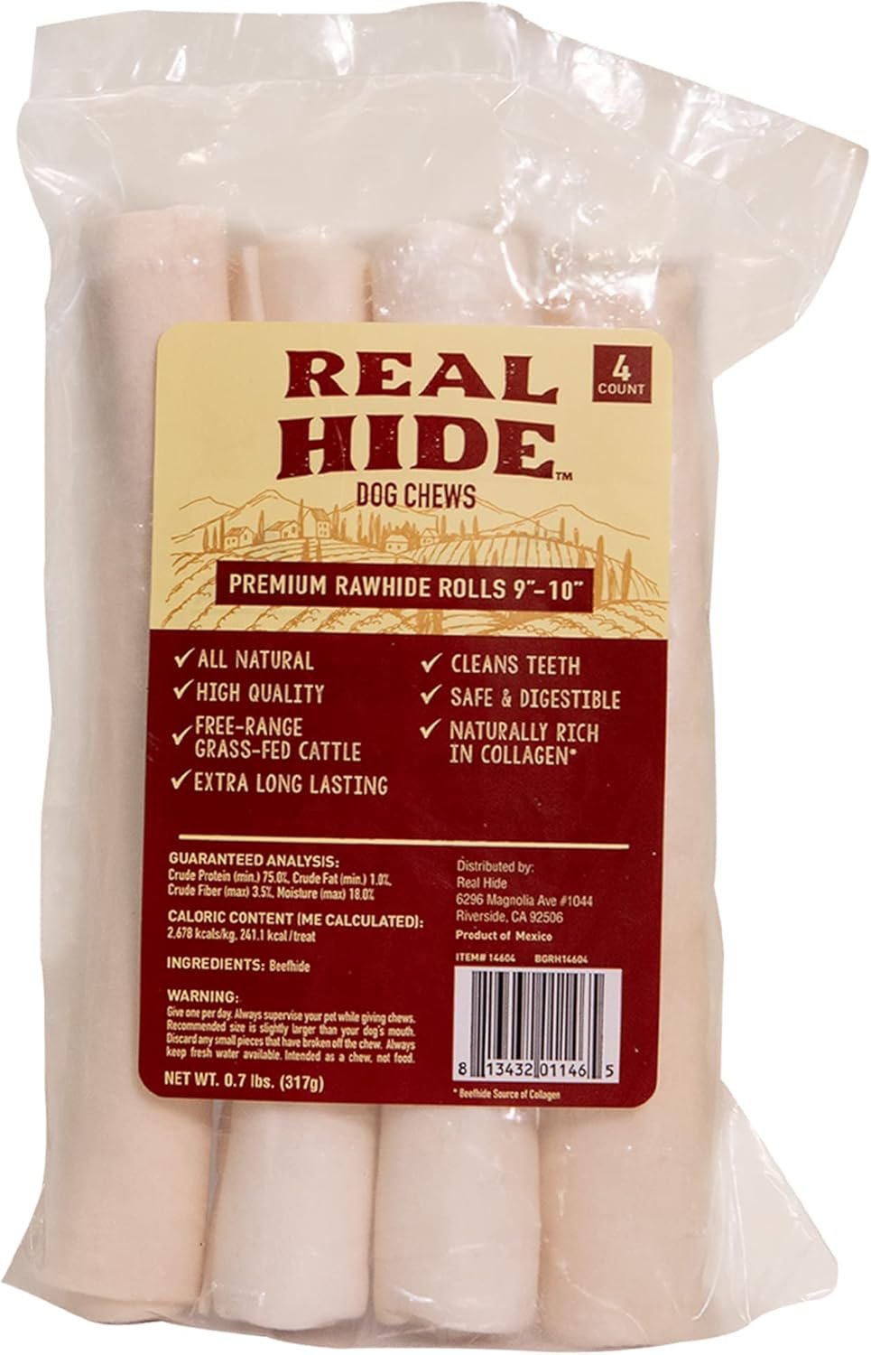 Real Hide All Natural Dog Chew Treats – Premium Rawhide Rolls, 9-10 Inch – Long Lasting Grass Fed Free Range Beef Hide for Medium/Large Dogs – 4 Count