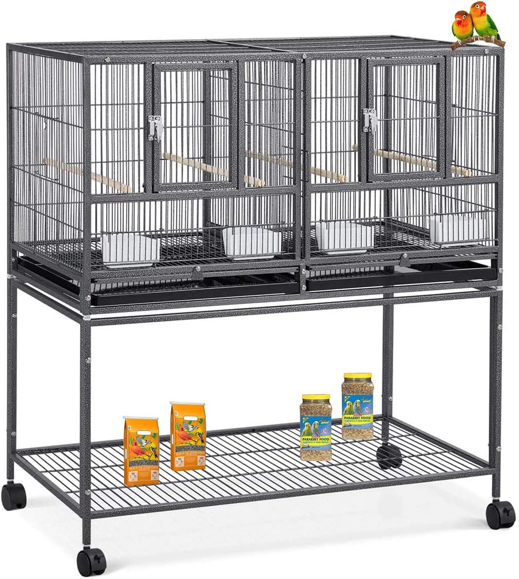 42″ Sturdy Wrought Iron Single Stackable Center Divided Side Nesting Box Doors Breeder Breeding Bird Flight Double Rolling Cage for Aviaries Canaries Cockatiels Lovebirds Finches Budgies Small Parrots