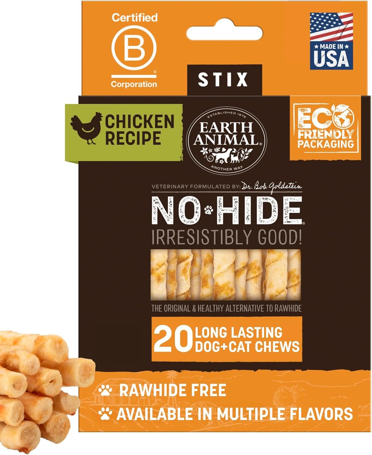 Earth Animal No Hide Stix – Long Lasting Rawhide Free Small Dog Chews Sticks, Chicken – 20 Count Value Pack