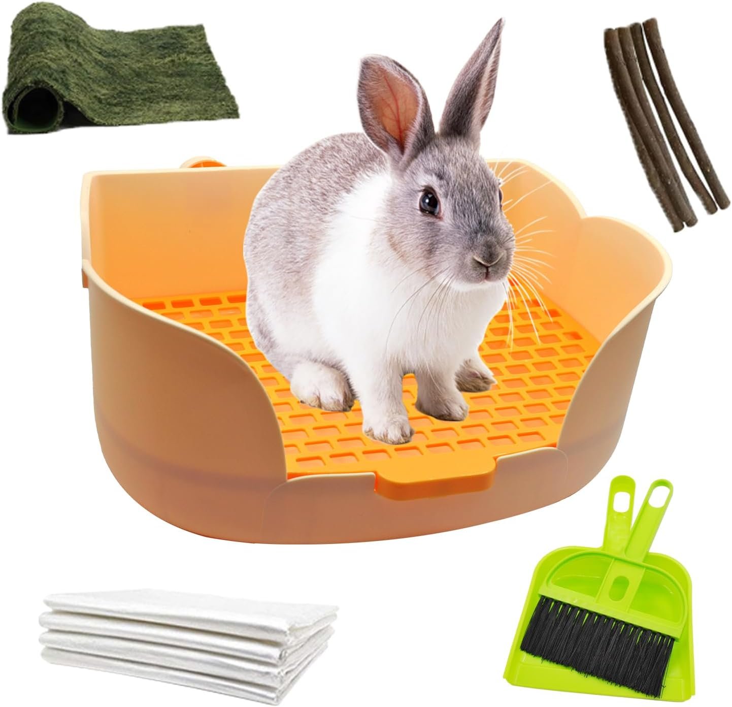 15.1″X11.0″ Large Rabbit Litter Box,Plastic Square Rabbits Potty Trainer with Bigger Pan Bunny Corner Toilet Box with Small Animal Disposable Liner for Guinea Pigs Hamster Chinchilla(Orange)