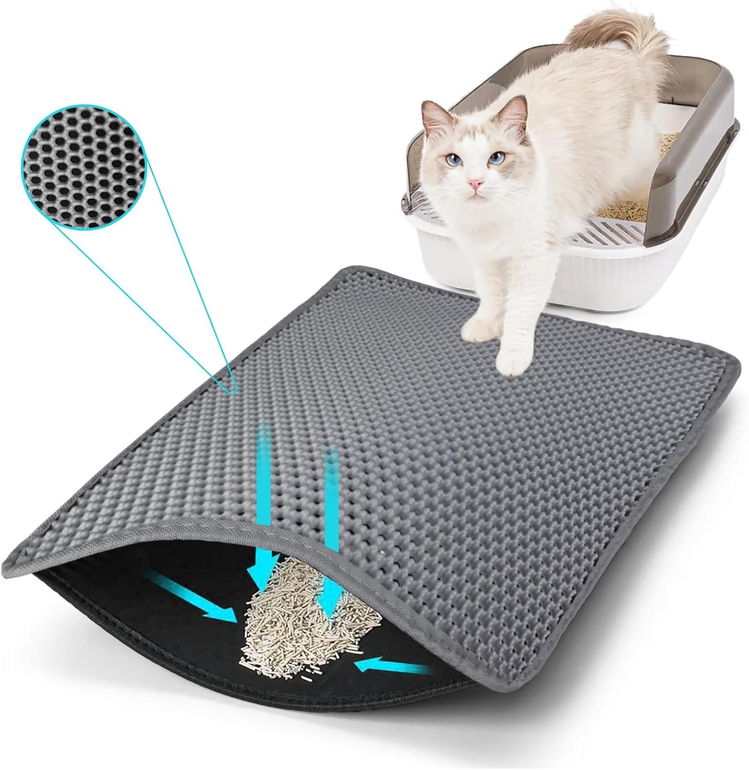 Cat Litter Mat, Kitty Litter Collector, Double Layered Honeycomb Design Waterproof, Anti Urine, Anti Slip, Easy to Clean, Limit Garbage (30″x24″, Grey)