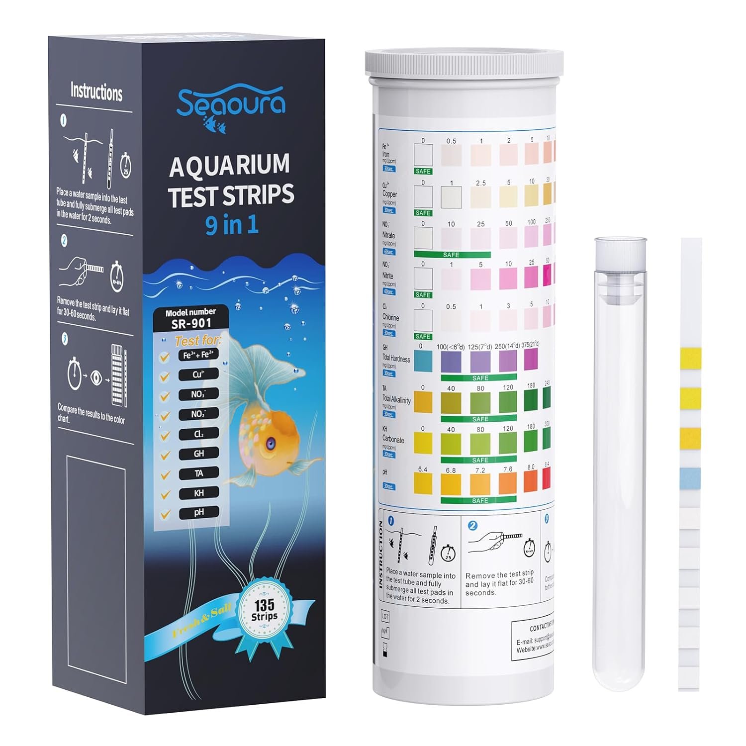 SEAOURA 9-in-1 Aquarium Test Kit for Fish Tanks – 135 Strips Water Testing Strips for Aquariums & Ponds Accurate Testing Iron，Copper，Nitrate，Nitrite，Chlorine，Hardness，Alkalinity，Carbonate，pH