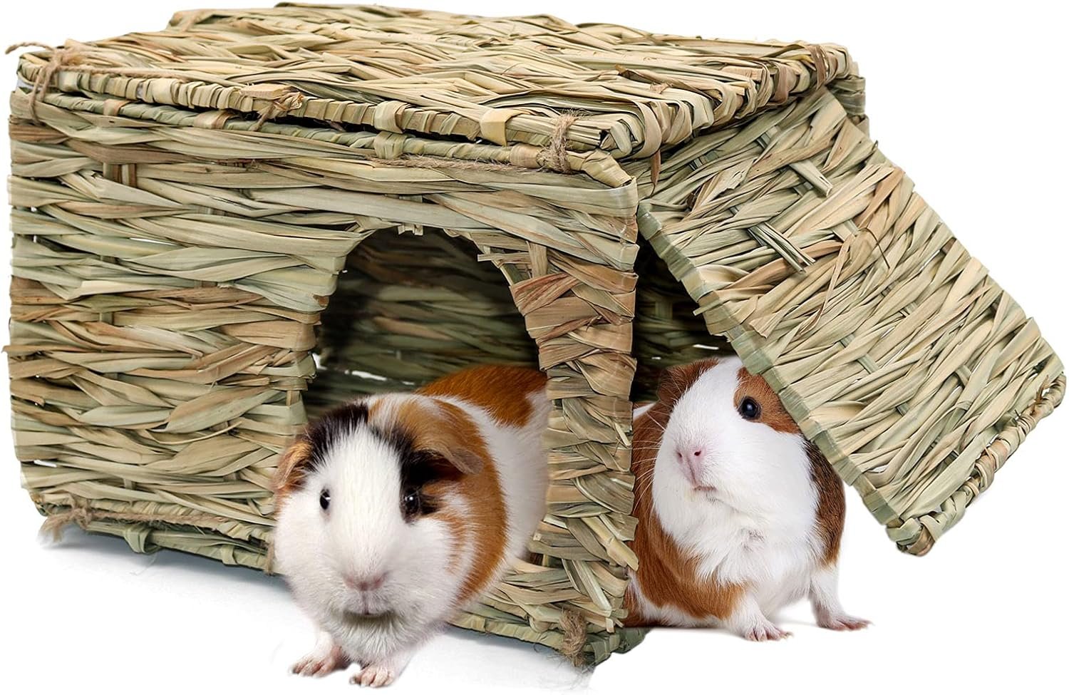 BWOGUE Large Grass House for Guinea Pigs,Hand Woven Straw Hut Foldable Small Animal Play Hideaway Bed with Double Openings Playhouse for Bunny Guinea Pig Chinchilla Ferret
