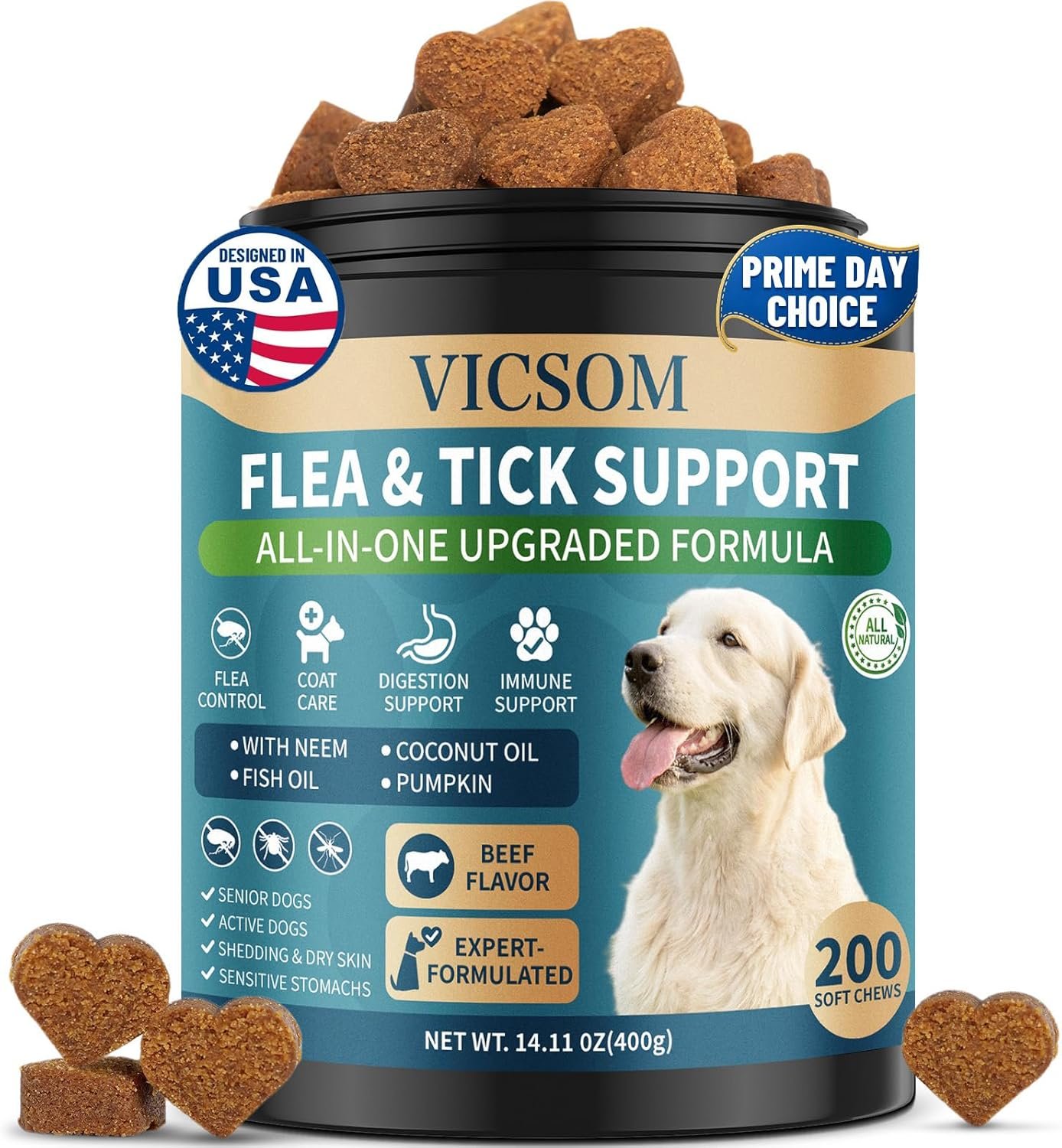 Flea and Tick Prevention for Dogs Chewable, 200 Soft Treats Natural Oral Dog Flea and Tick Treatment Chews Support Dog Skin & Digestive Supplement for Dogs Puppies All Breeds & Ages, Beef Flavor