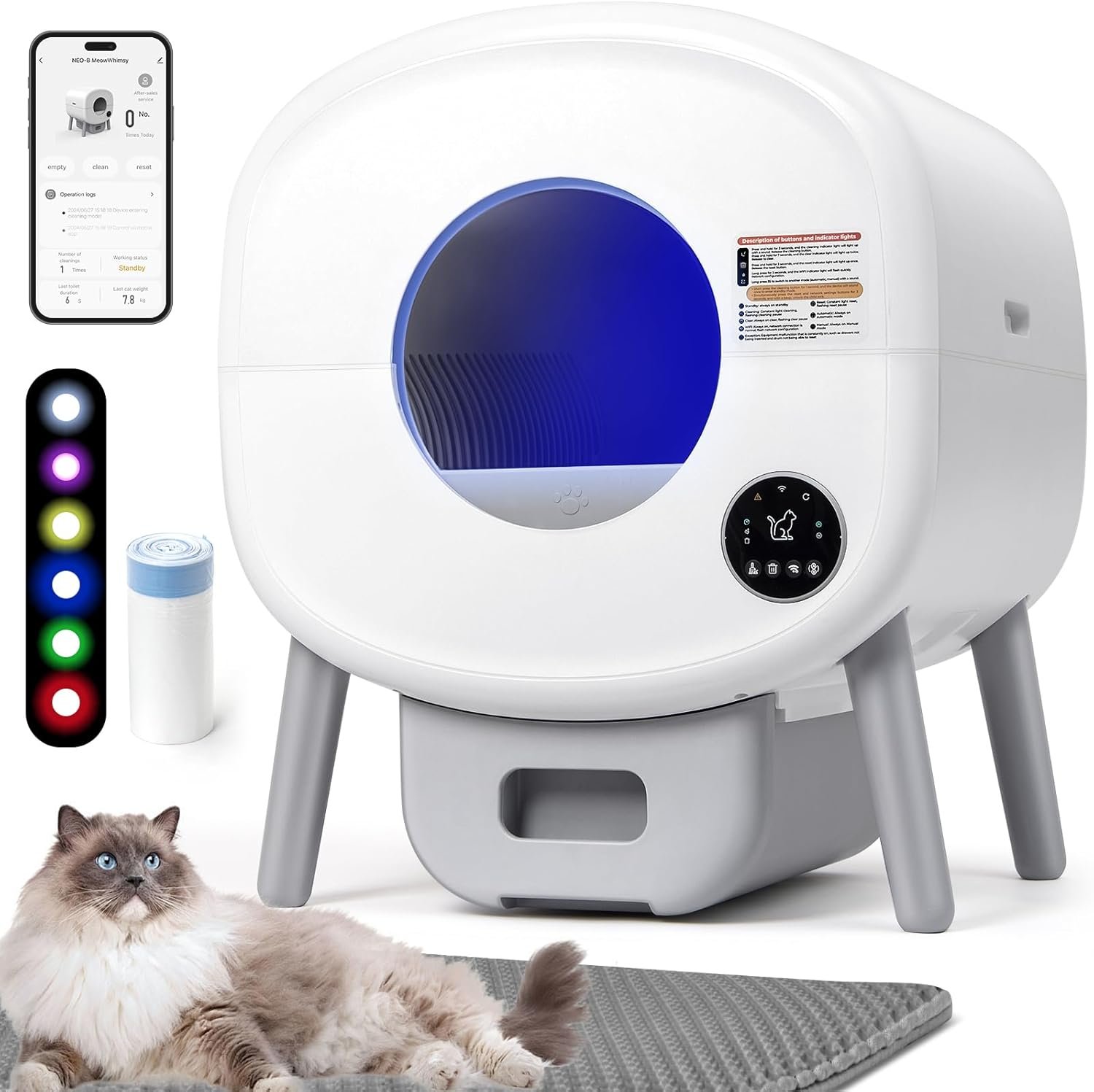 Fsitego Self-Cleaning Cat Litter Box: Extra Large Automatic Litter Box for Multiple Cats, Odor Control, Low Noise, App & Panel Control, Easy Waste Disposal