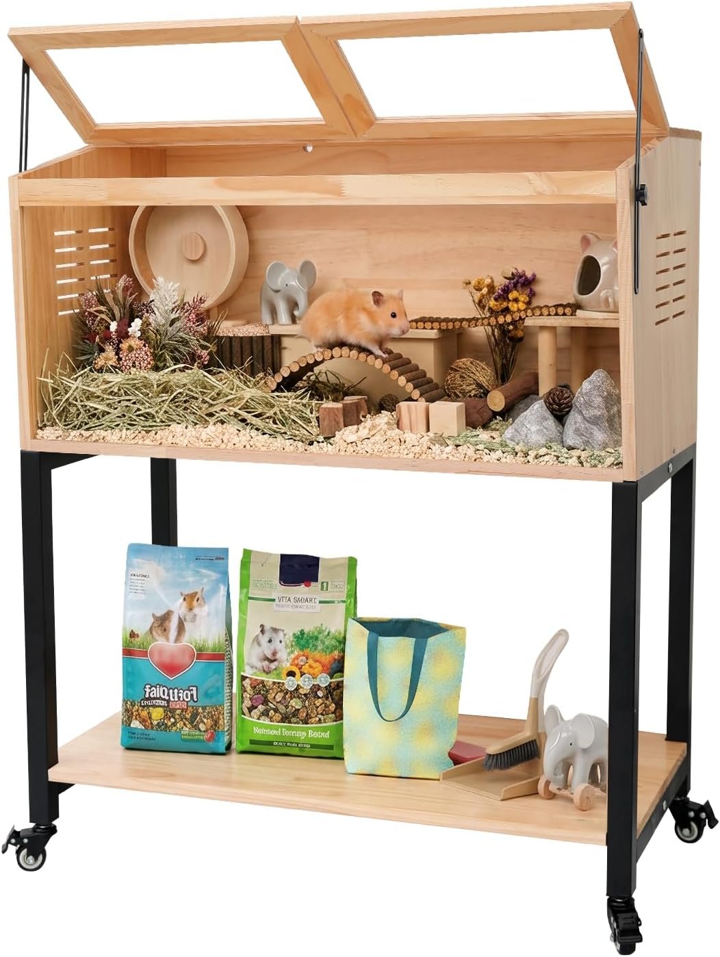Hamster Cage with Storage, Wooden Hamster Cage, Pine, Guinea Pig Cages, Large Size 31.5″L x 16″W x 38.0″H, 2 Tiers Movable Hamster Cages with Storage Shelf for Guinea Pig, Chinchilla, Rat, Bunny, etc.
