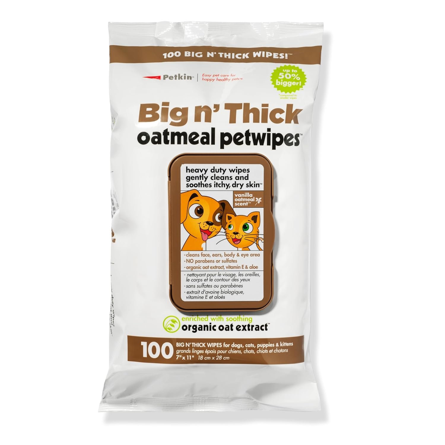 Petkin Pet Wipes for Dogs and Cats, Oatmeal, 100 Wipes (Large) for Dogs and Cats – Soothes Itchy Dry Skin and Cleans Ears, Face, Butt, Body and Eye Area – Idea for Home and Travel