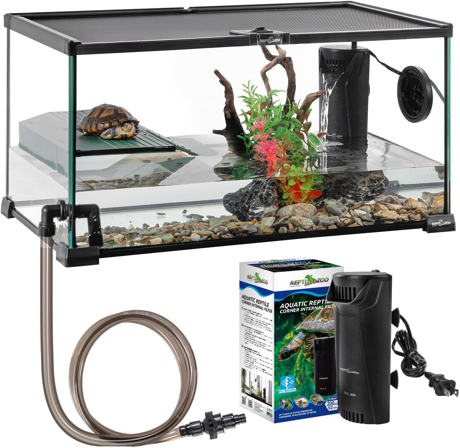 REPTIZOO Glass Turtle Tank Kit, 10 Gallon Turtle Tank Starter Kit with Drainage System, Basking Platform and Quiet Aquarium Corner Internal Filter, 20″ x 12″ x 10″ Aquatic Terrarium