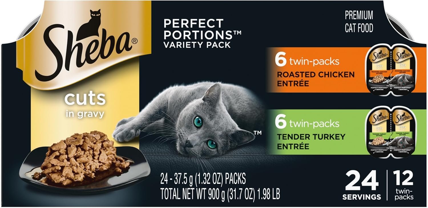 Sheba Perfect Portions Wet Cat Food Cuts in Gravy, Cat Food Wet Recipe, Roasted Chicken Entree and Turkey Entree, Variety Pack, Twin-Pack Trays (12 Count, 24 Servings)