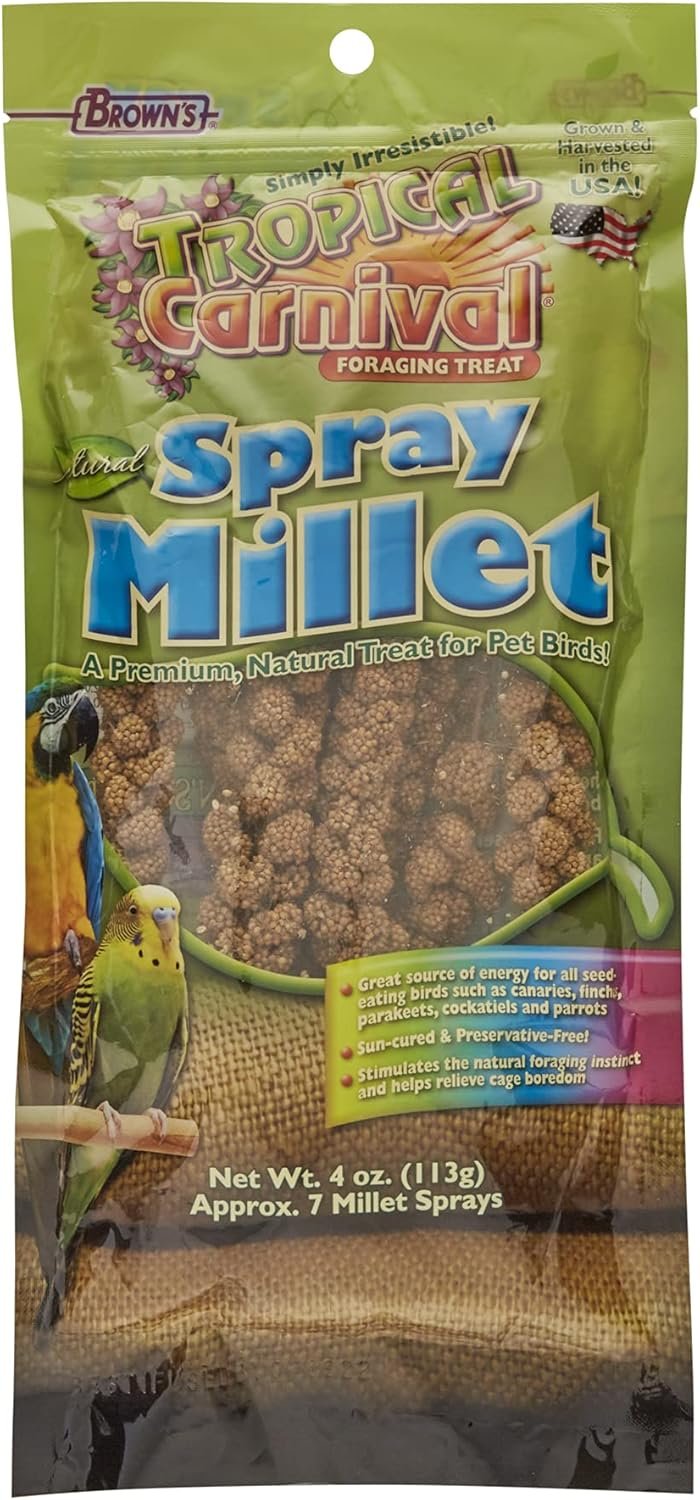 F.M. Brown’s Tropical Carnival, Natural Spray Millet, Daily Natural Foraging Treat for Seed-Eating Birds, Sun-Cured and Preservative Free, 4 oz Bag (7 Pack)
