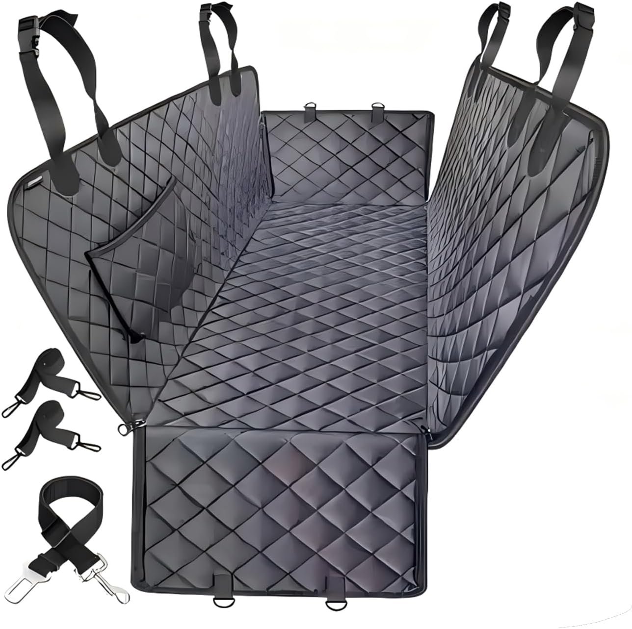 Jubily Dog Car Seat Cover for Back Seat, 100% Waterproof 600D Oxford Cloth Non-Slip Car Seat Protector, Universal Fit Pet Seat Cushion with Storage Pocket, Safety Ropes & Leash (Black Edge)