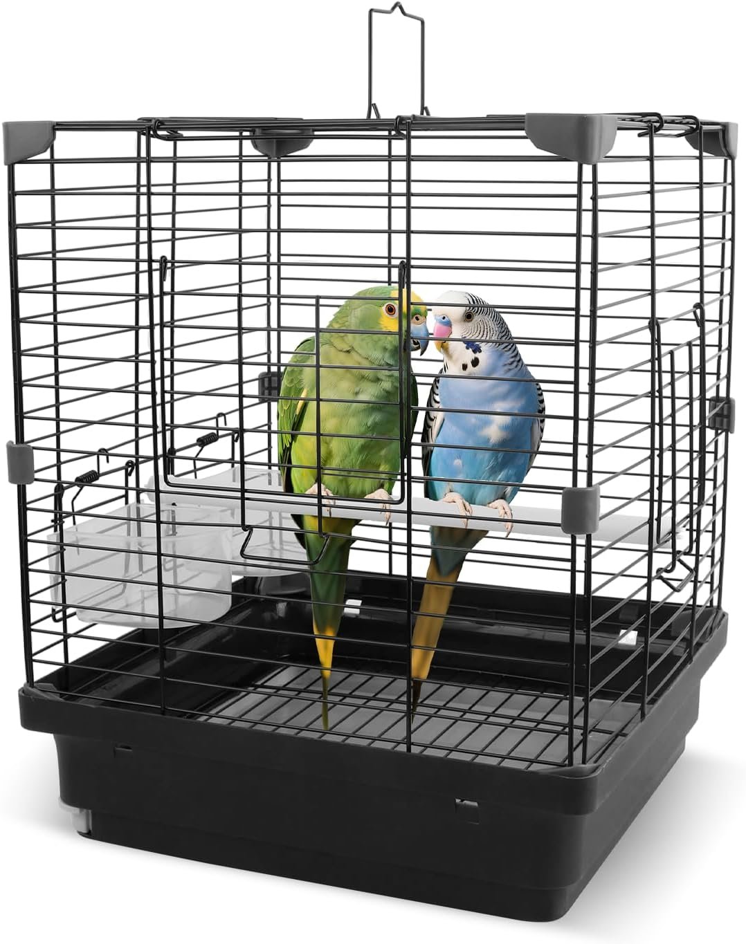 Small Bird Cage – 12x12x14.6 in Lightweight Travel Outdoor Birdcage for Parakeets, Budgies & Canaries and More Small Birds, Bird Carrier with Handle, Stand, Removable Tray, Portable for Hanging, Black