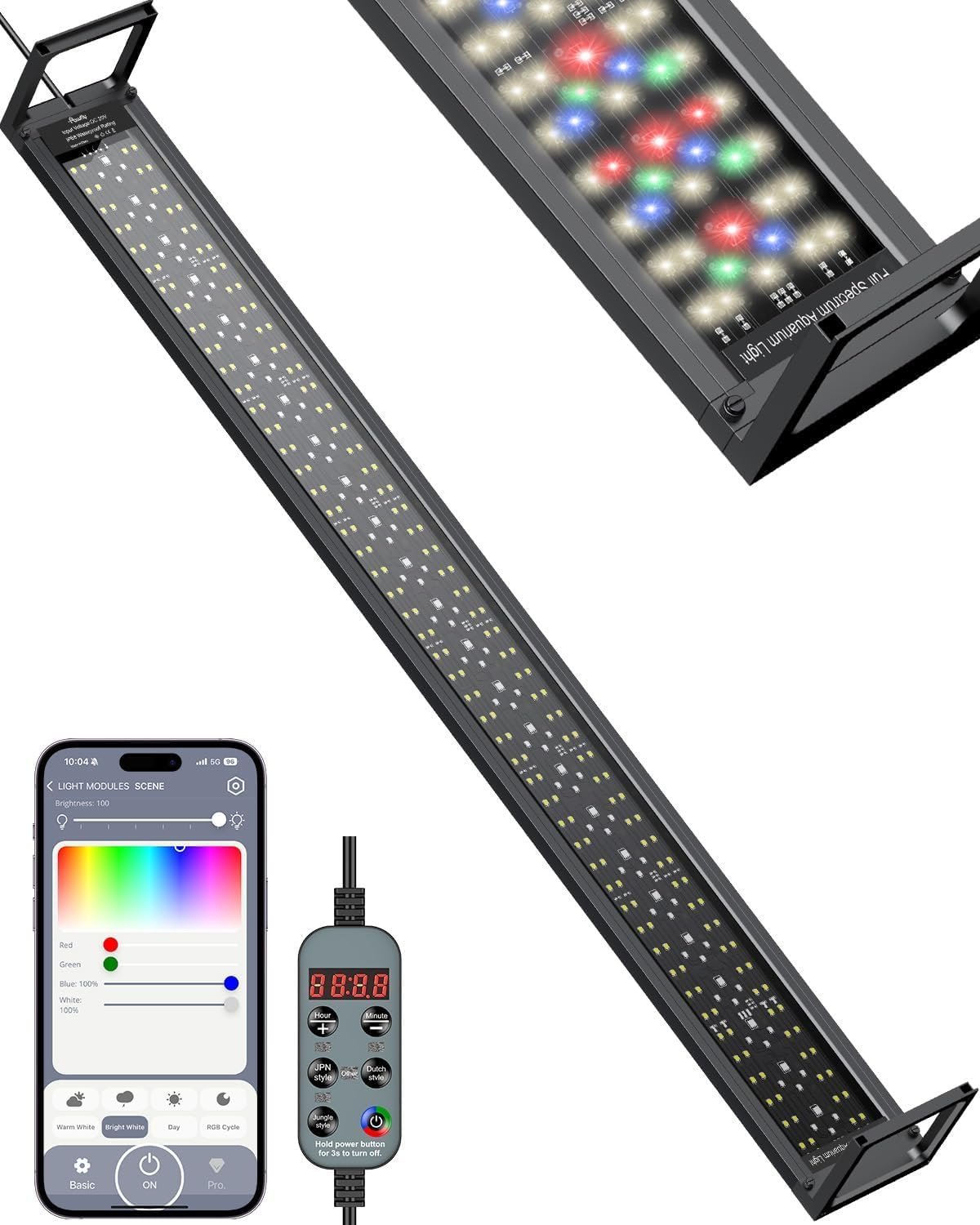Pawfly Aquarium Light for Plants, 42 W Bluetooth Fish Tank Light, Full Spectrum Aquarium Lights for 48″-54″ Fish Tanks, Extendable 24/7 LED Lights with Timer Modes & Adjustable Brightness
