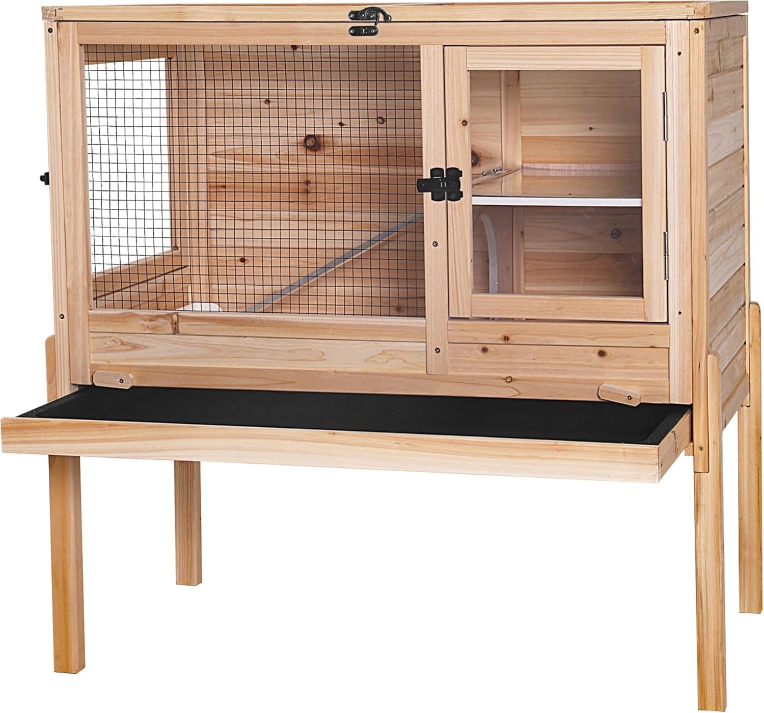 Aivituvin Guinea Pig Cages, Rabbit Hutch with Anti-Chew Frame, Bunny Cage with Deepened Pull-Out Tray, 3 Openable Areas, Assemblable Legs, Ramp & Hideout Included – Wooden