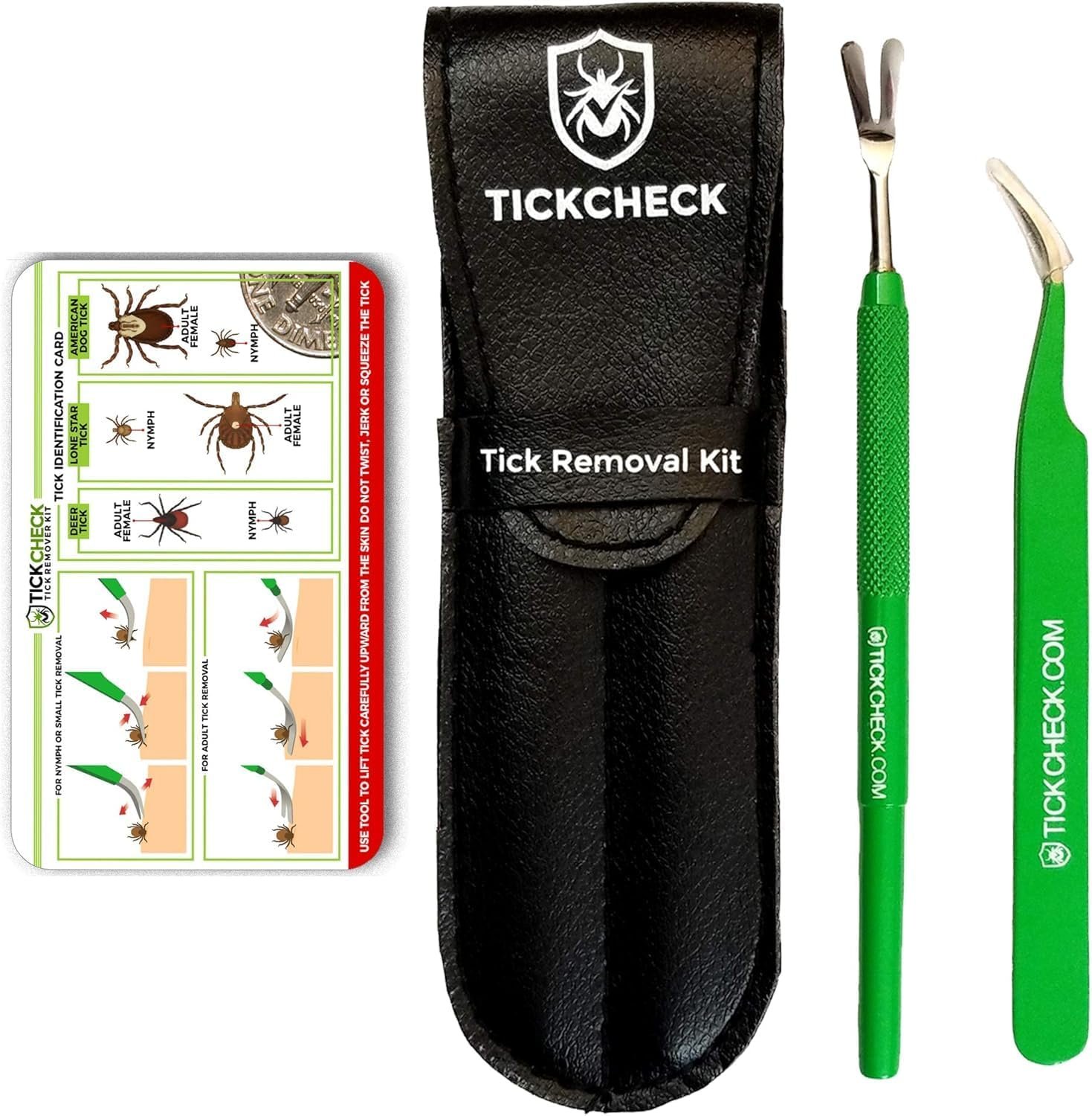 TickCheck Premium Tick Remover Kit – Stainless Steel Tick Remover + Tweezers, Leather Case, and Free Pocket Tick Identification Card (1 Set)