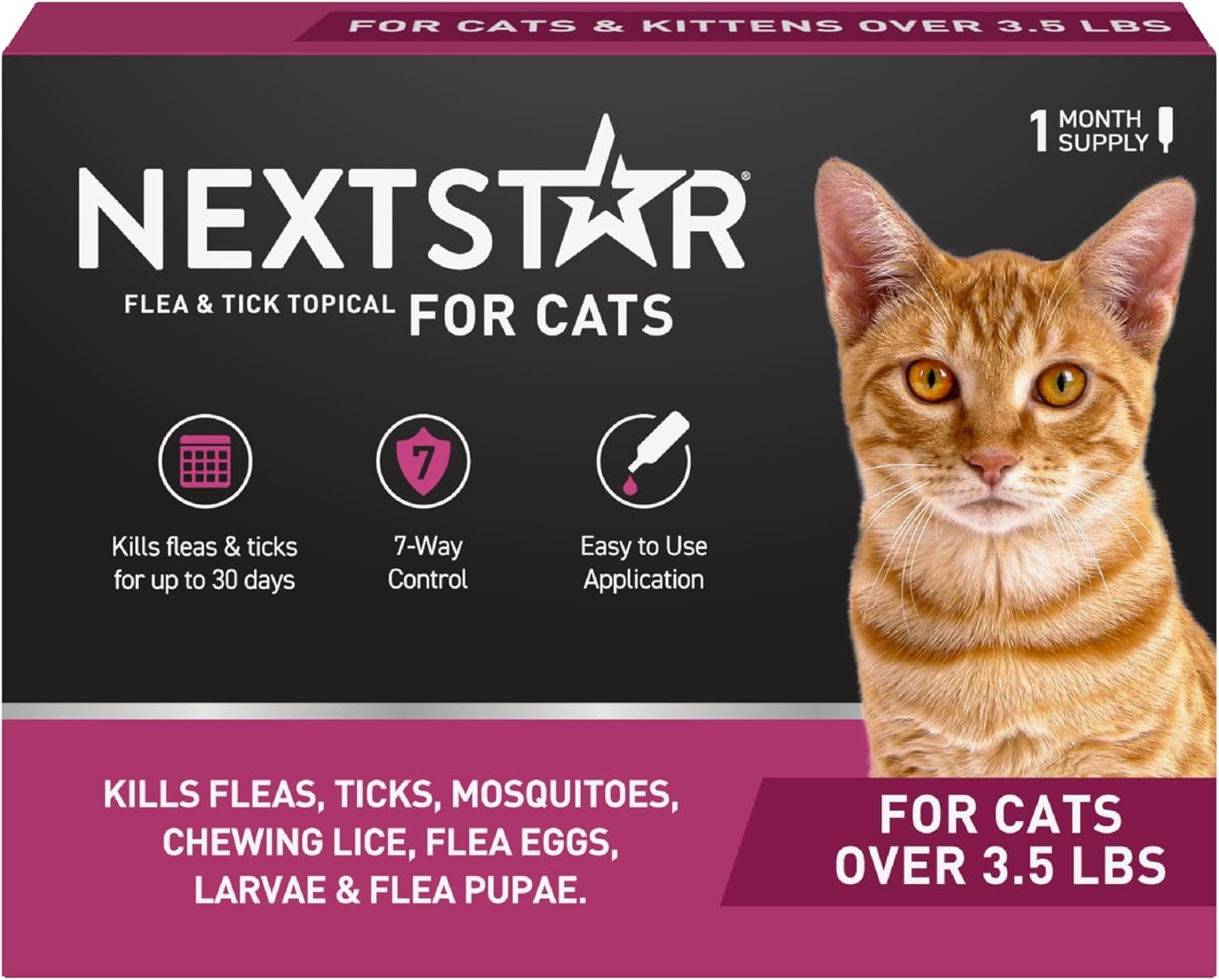NEXTSTAR Flea and Tick Prevention for Cats, Repellent and Control, Fast Acting Waterproof Topical Drops, Flea Prevention for Cats Over 3.5 lbs, 1 Month Dose