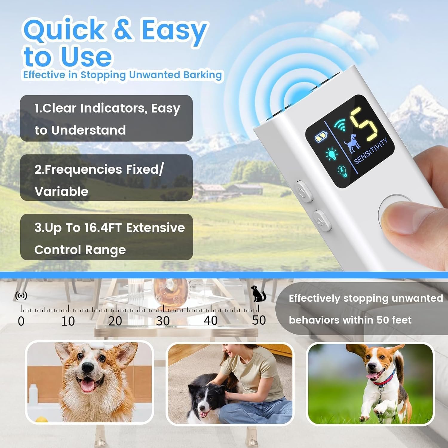 Anti Barking Device for Dogs, Ultrasonic Dog Bark Deterrent Devices with 3 Modes & LED Light, Multi-Functional Dog Trainer Effective Control Range Up to 30 Ft, Safe for All Dogs