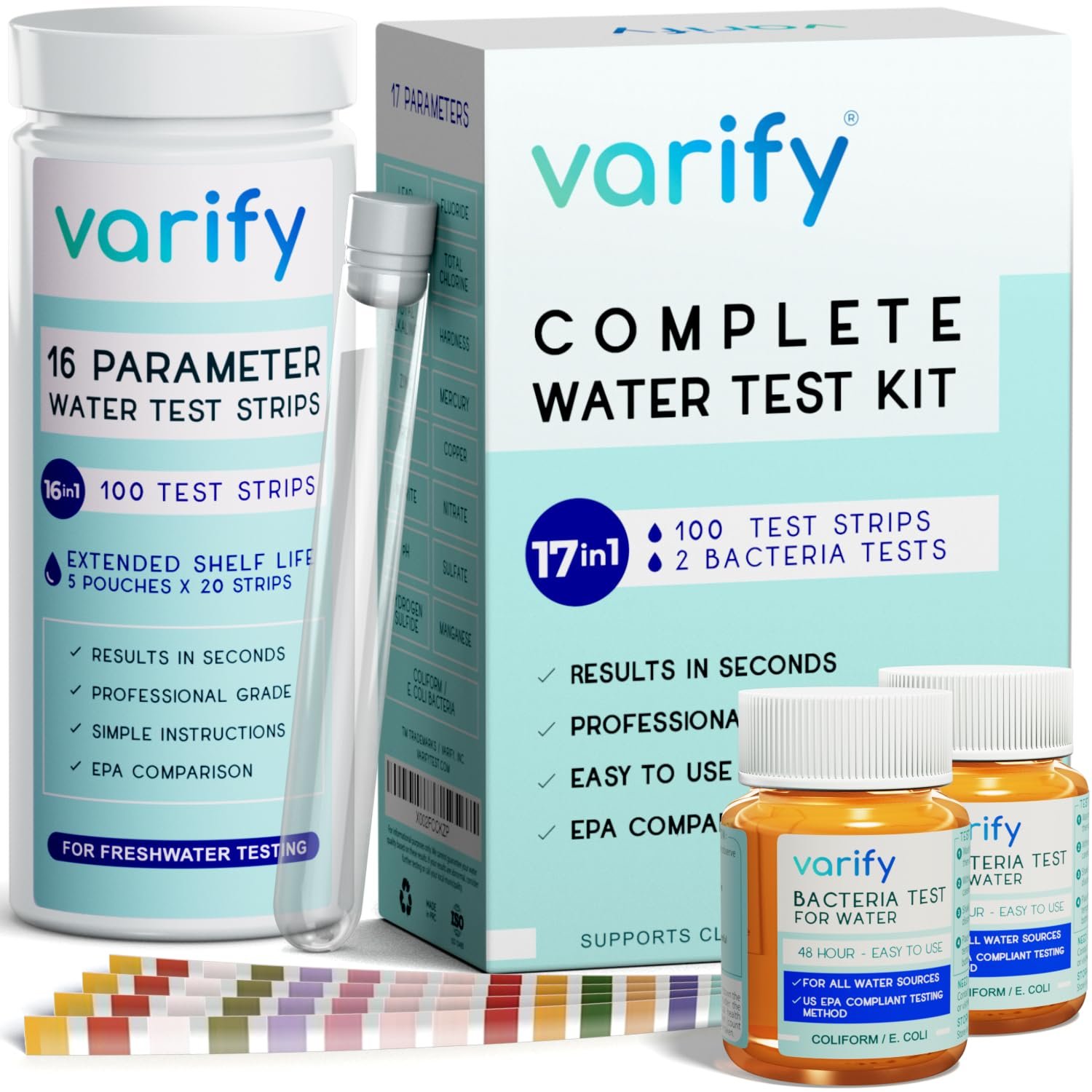 Varify 17in1 Complete Drinking Water Test Kit – 100 Strips + 2 Bacteria Tester Kits – Well, Tap, Home, City Water Testing Strip for Lead, Alkaline, Chlorine, Hardness, Iron, Fluoride, Copper & More