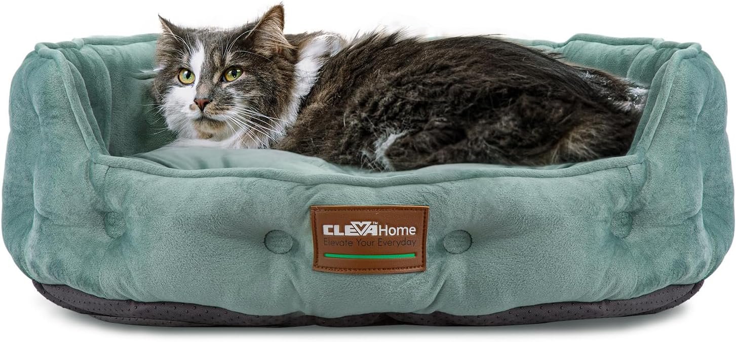ClevaHome Cat Dog Bed for Small Pets up to 15lbs – Round Cat Beds for Indoor Cats, Machine Washable Comfortable Pet Bed for Puppy and Kitten with Non-Slip Bottom (Washed Green)