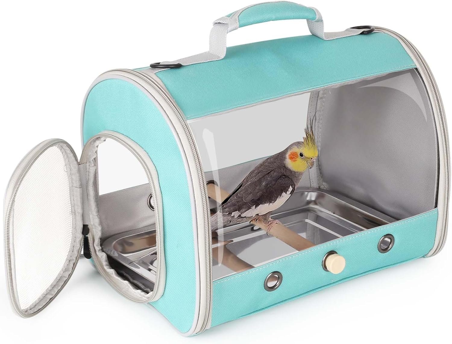 Bird Carrier, Portable Small Bird Parrot Parakeet Carrier with Standing Perch and Stainless Steel Tray, Side Access Window Collapsible (Green, Cylinder Design – Clear)