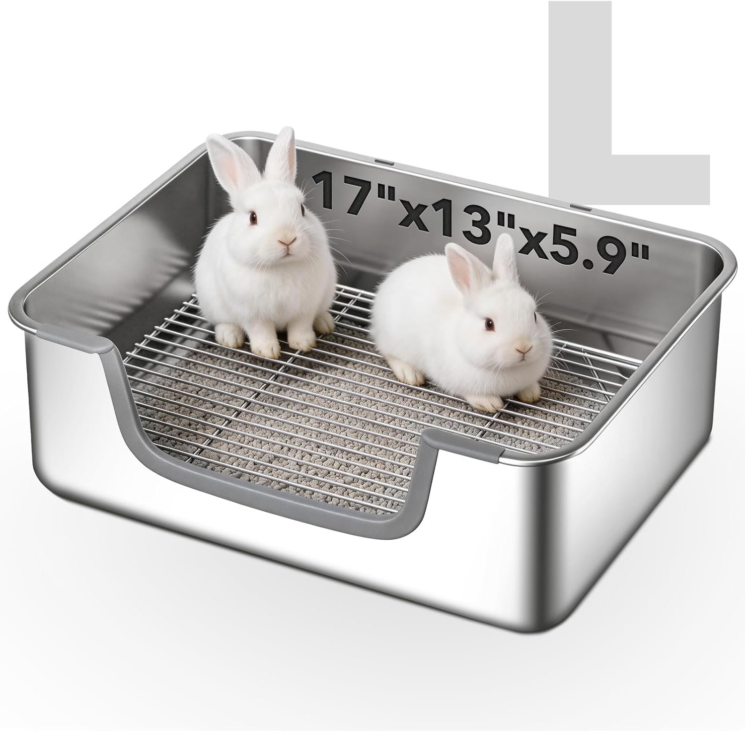 Large Rabbit Litter Box Stainless Steel Bunny Litter Box Sifting, Non-Chewable, Easy to Clean & Odor Control 17.2 x 13.4 x 5.9 inch