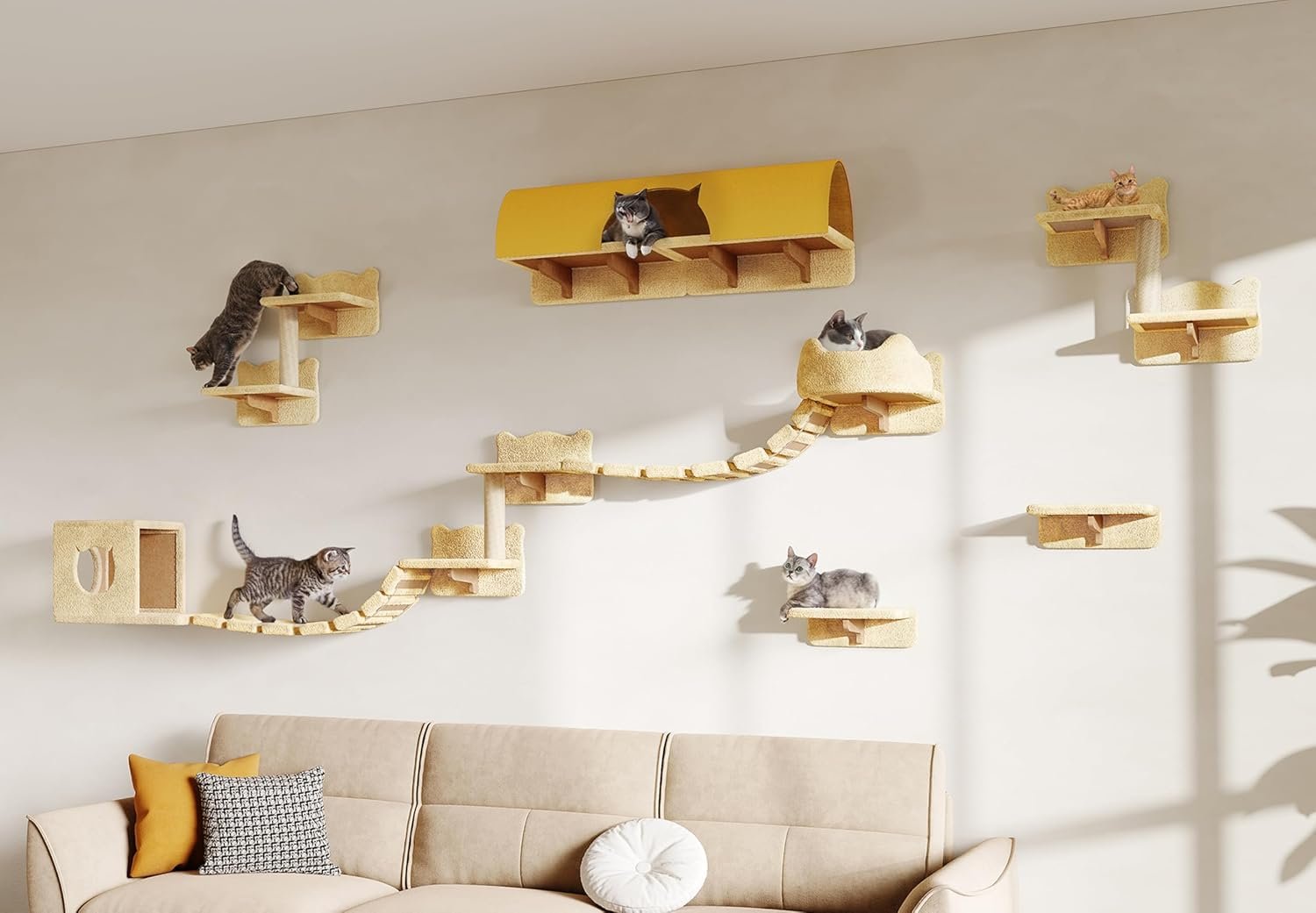 16-in-1 Cat Wall Shelves, Wall Mounted Cats Furniture Set w/Plush Fabric, Cat Climbing Wall Systems, Cats Shelf with 40”L Tunnel, Condos, House, Steps, Bridge Ladder & Scratching Post, Beige