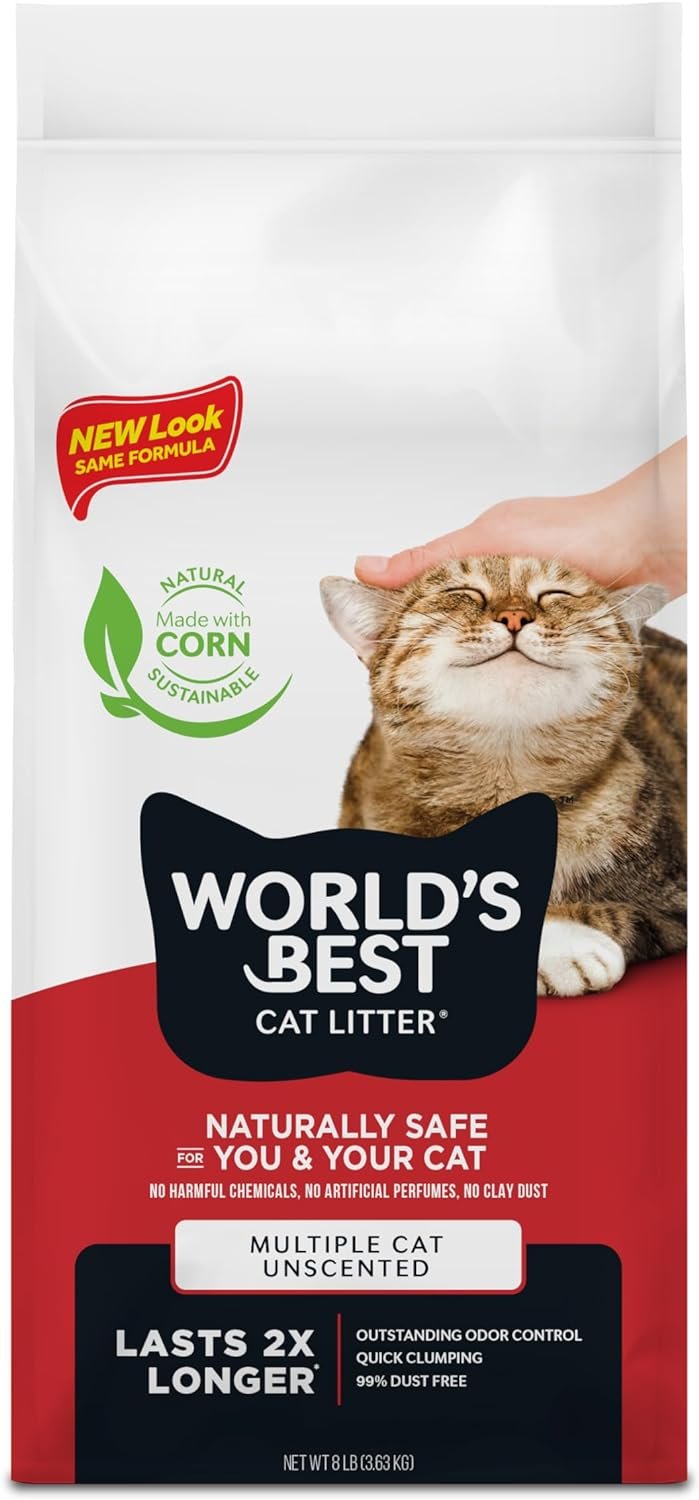 WORLD’S BEST CAT LITTER Multiple Cat Unscented, 8-Pounds – Natural Ingredients, Quick Clumping, Flushable, 99% Dust Free & Made in USA – Long-Lasting Odor Control & Easy Scooping