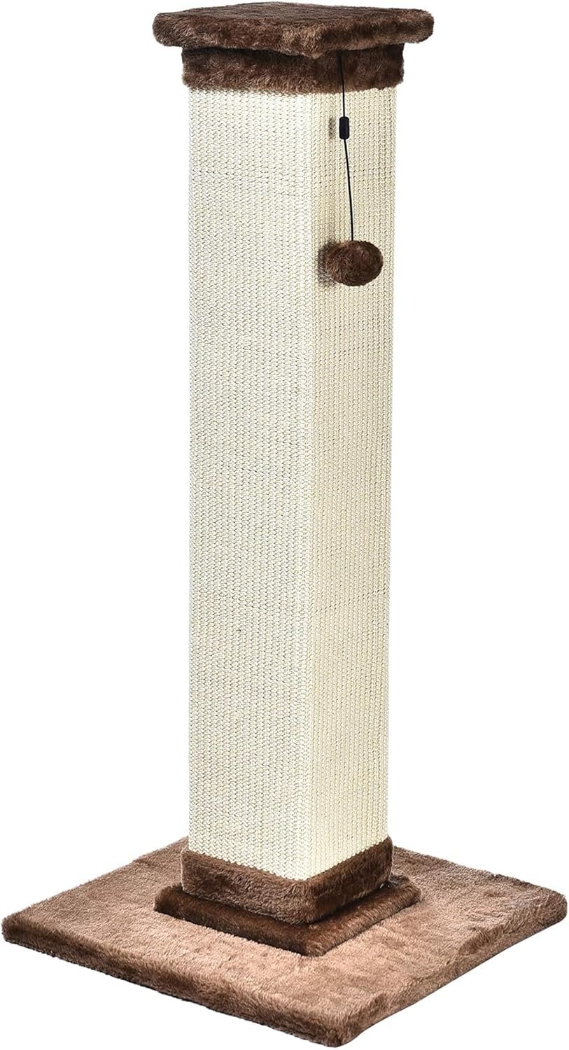 Amazon Basics Sturdy Cat Scratching Post for Indoor Cats & Kittens, Classic Single Post with Sisal Rope, Jute Fiber, Wood Base, Large (35.4″H), Brown