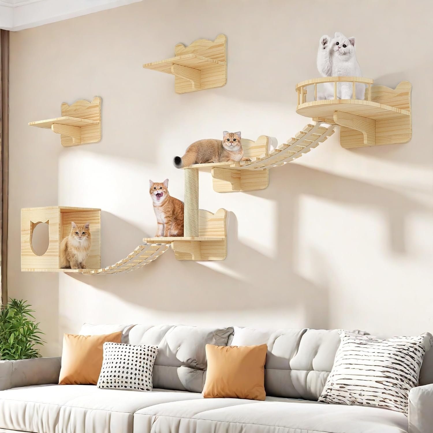 Cat Wall Shelves, Cat Shelves and Perches for Wall, Set of 9 Wooden Cats Shelf Furniture with Scratching Post, House, Condo, Bridge Ladder for Multiple Cats
