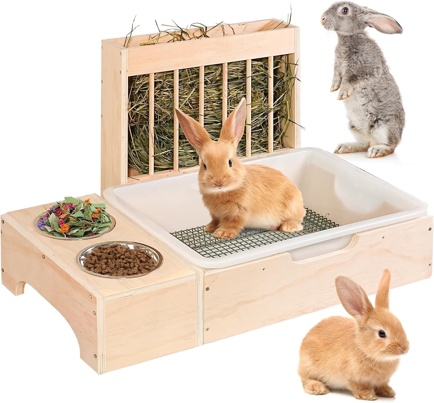 3 in 1 Extra Large Rabbit Hay Feeder with Litter Box, Wooden Bunny Toilet, for Large and Medium-Sized Dwarf Rabbit, Other Animals