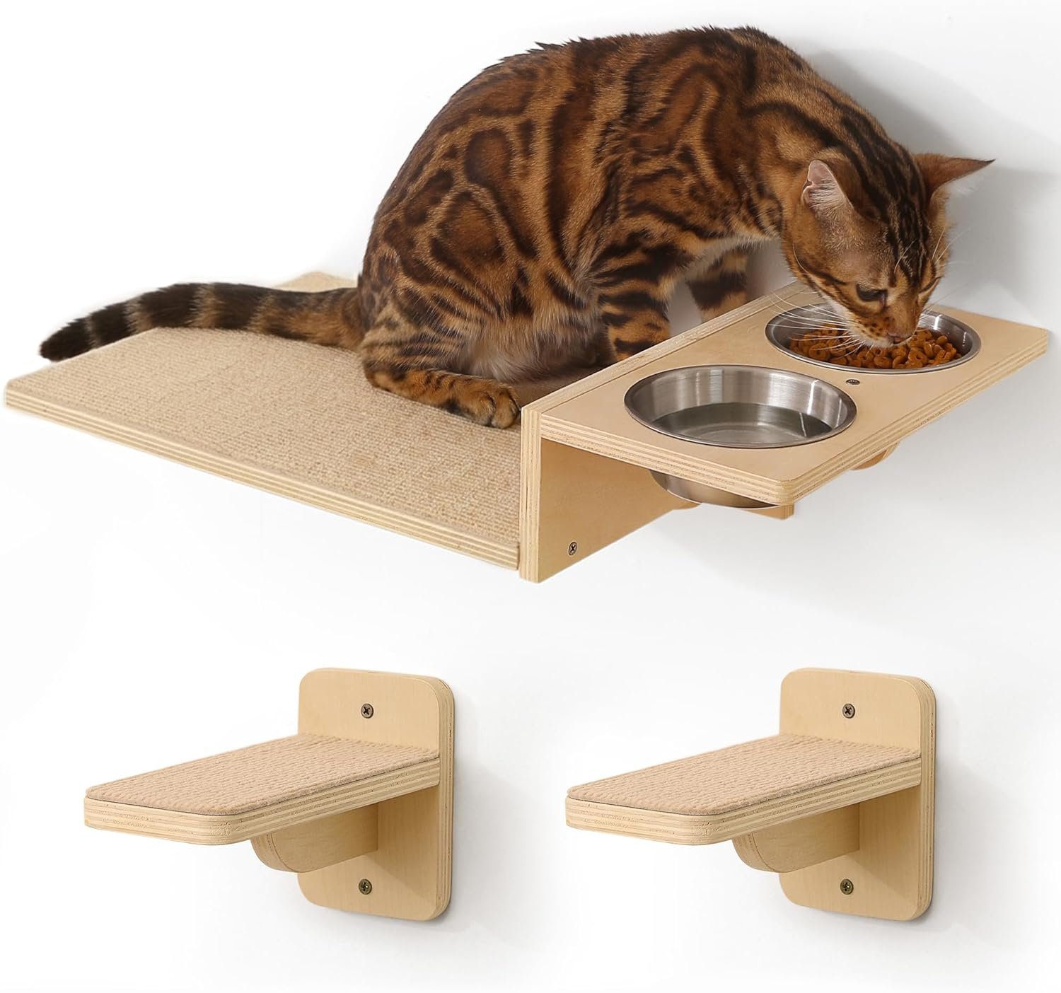 FUKUMARU Cat Wall Shelves, 3 in 1 Cats Walls Furniture Set, Food Station with 2 Steps, Birch Plywood Perch, Suitable for Kitten Play, Nap, Eat, DIY Wall Jungle Gym