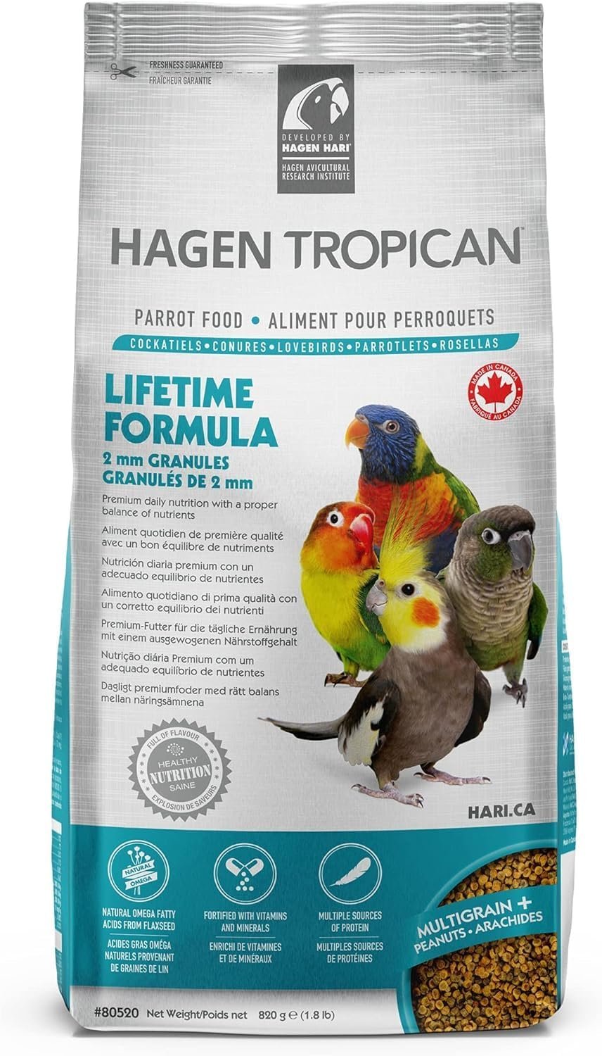 HARI Tropican Bird Food, Hagen Parrot Food with Peanuts & Sunflower Seeds, Maintenance Parrot Granules 2 mm, Lifetime Formula, 1.8 lb Bag
