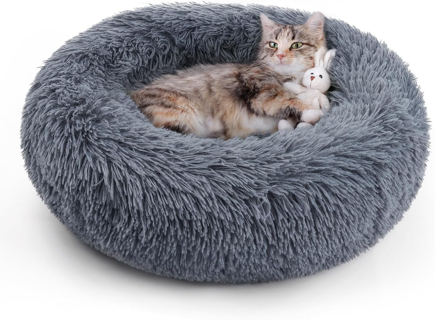 rabbitgoo Calming Cat Beds for Indoor Cats, 20 inches, Dark Grey | Soft Warm Donut, Fluffy Faux Fur, Supportive Raised Rim, Anti-slip, Machine Washable, Up to 15lbs Kittens & Small Cats