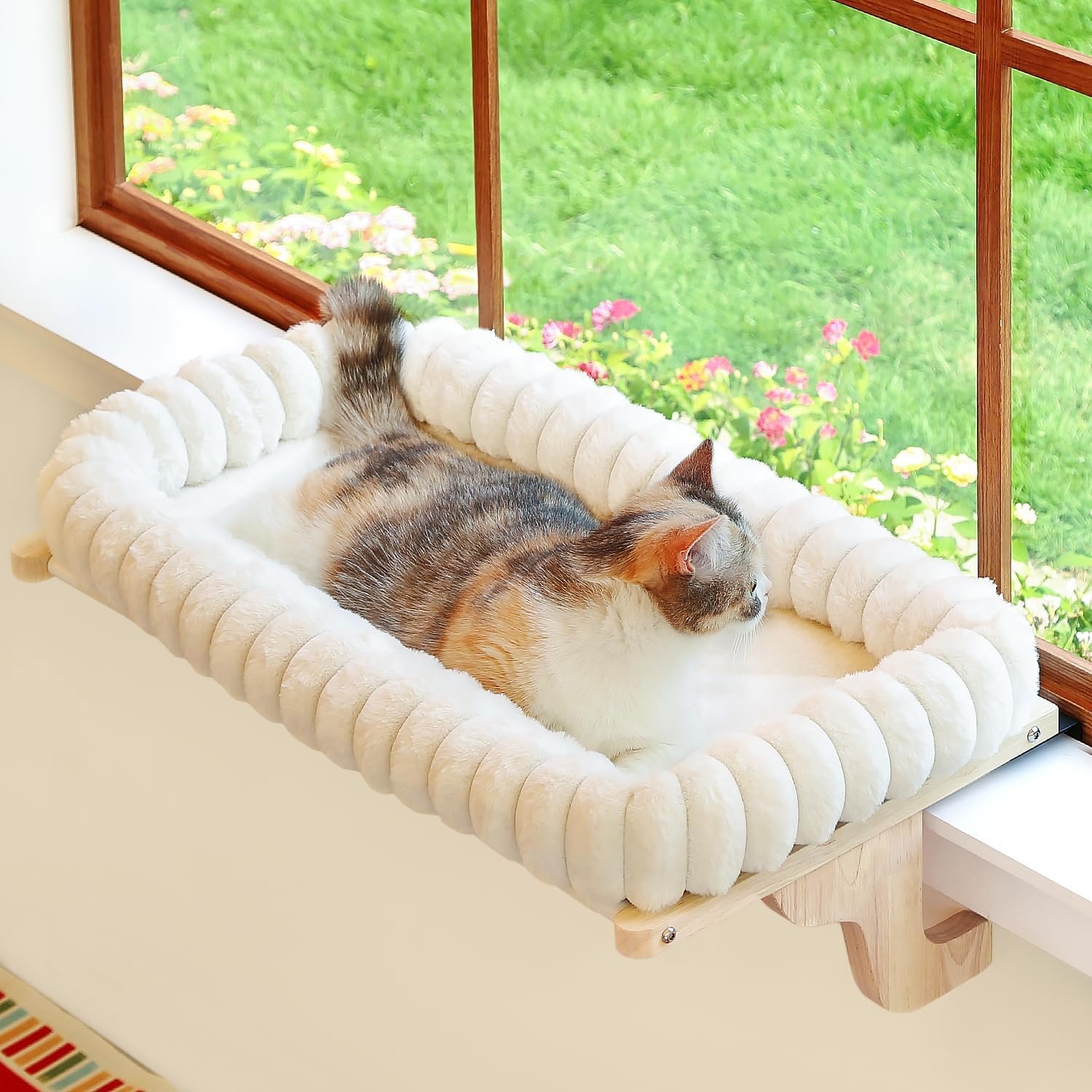 Zakkart SnugCloud Cat Window Perch with 4-Sided Bolster – Orthopedic Cat Hammock for Window Sill – Solid Hardwood & Metal Frame – Window Seat for Pets (Natural Color Wood w/White Bed, Medium)