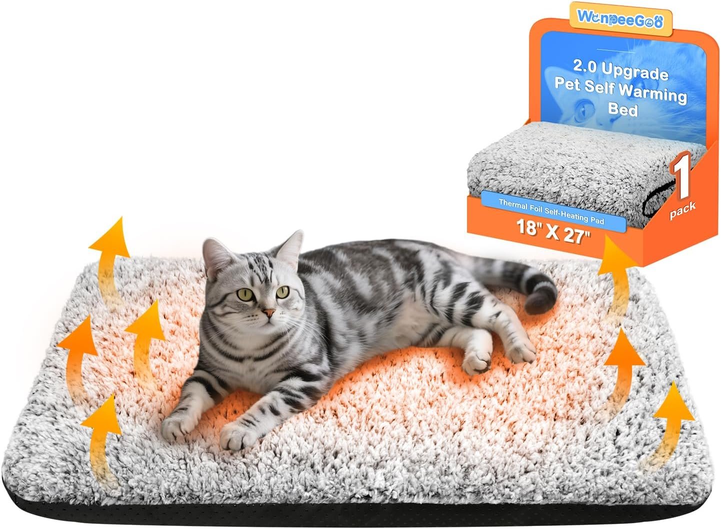 WanpeeGoo Self Warming Pet Bed for Cats & Dogs, Heated Pet Mat, 2.0 Upgraded Thermal Foil Heating Pad, Plush Self-Heating Bed for Crate, Floor, with Removable Washable Cover, Non-Slip, Gray, 18″x27″