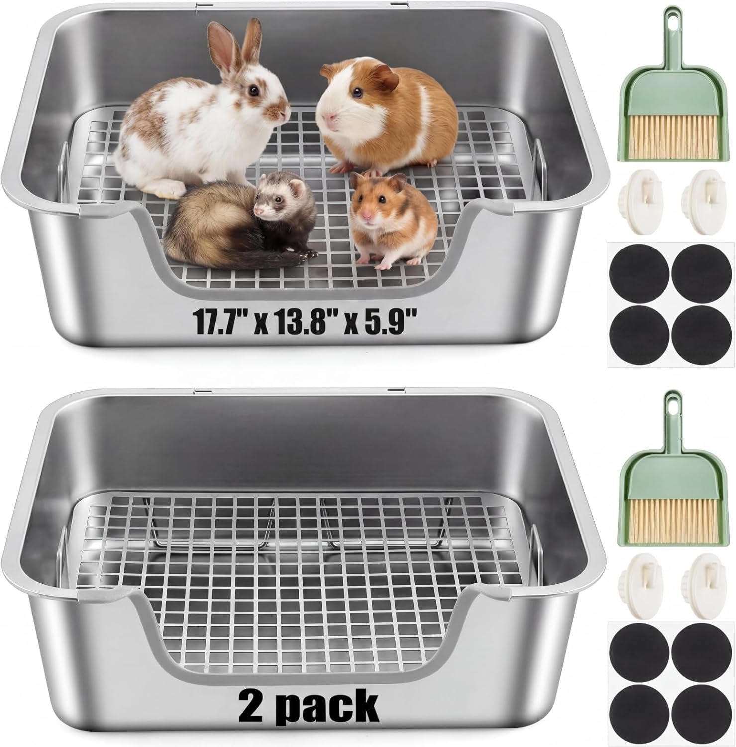 2 Pack XL Stainless Steel Rabbit Litter Box with Grate, Heavy Duty Bunny Litter Tray, Chew Proof, Odor Resistant and Easy Clean, Low Entry Potty Box for Rabbits, Guinea Pigs and Ferrets