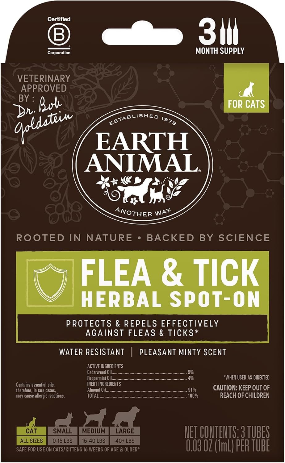 Earth Animal Apothecary Natural Flea & Tick – Herbal Spot-On for Cats – 3 Applications (3 Month Supply)