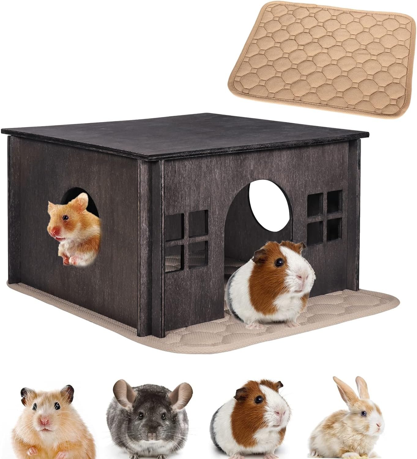 Wooden Guinea Pig Hideout, Guinea Pig House Small Rabbit Hideout with Multiple Windows, Small Animal House Bunny House Hideaway Castle Habitat for Guinea Pigs, Hamster, Chinchilla