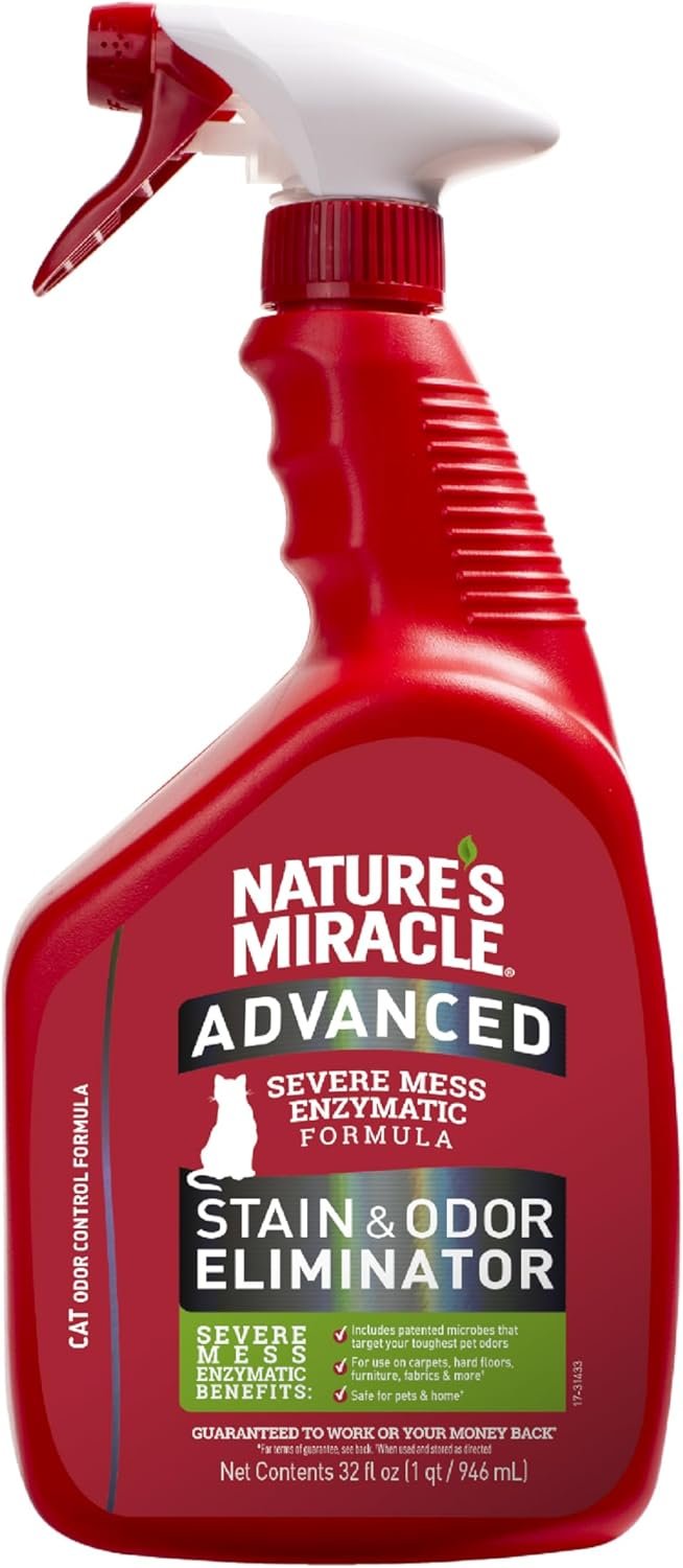 Nature’s Miracle Advanced Cat Stain and Odor Eliminator Spray, Severe Mess Enzymatic Formula For Tough Pet Messes, 32 oz