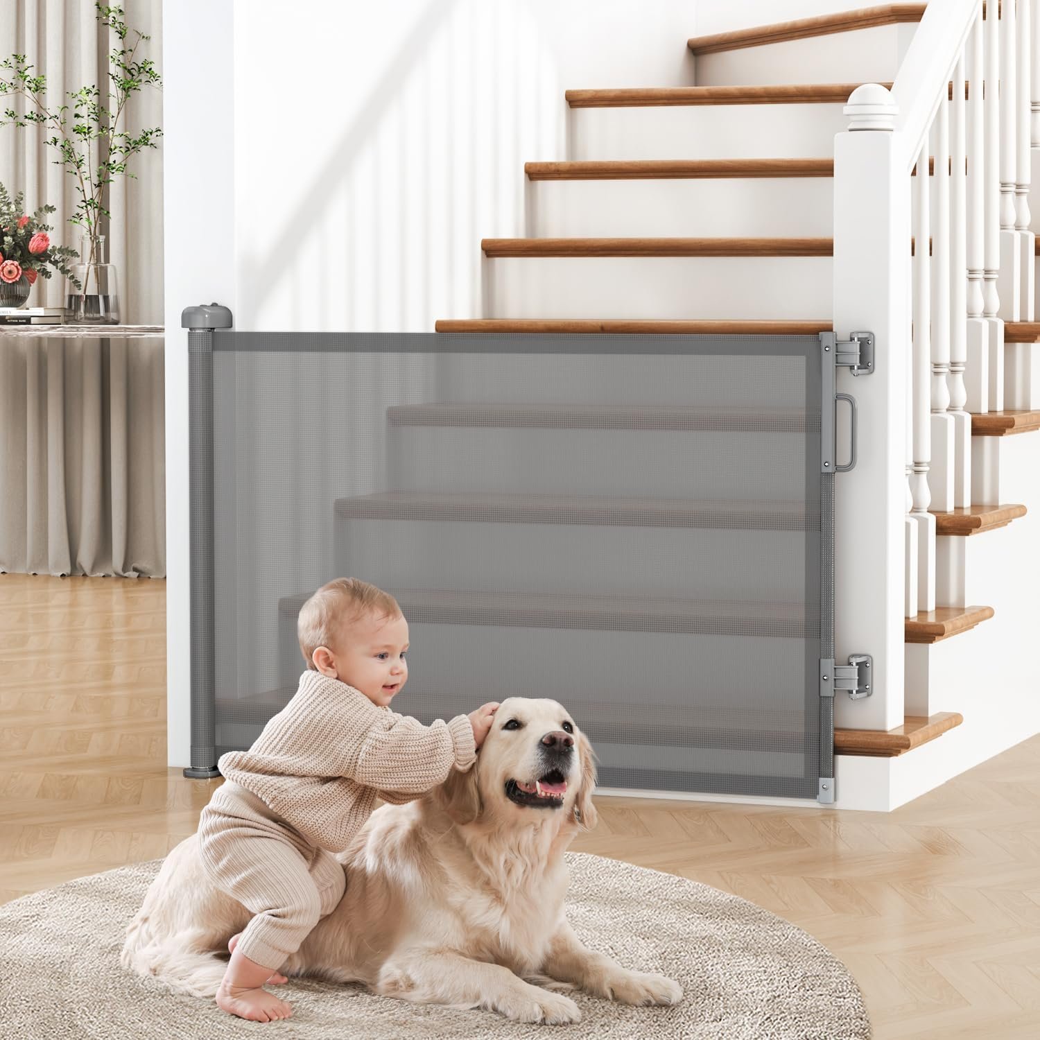 Retractable Baby Gate for Stairs & Doorways, Mesh Dog Gate Indoor Outdoor, Extends to 55″ Wide 34″ Tall Child Gate for Hallways, Deck, Porch, Pet Toddler Safety Essentials, Easy Install, Grey